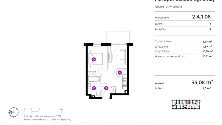 Rzut - Mieszkanie na sprzedaż 2 pokoje o powierzchni 33,08 m² - numer 2.A.1.08 w Murapol Osiedle Dynamiq
