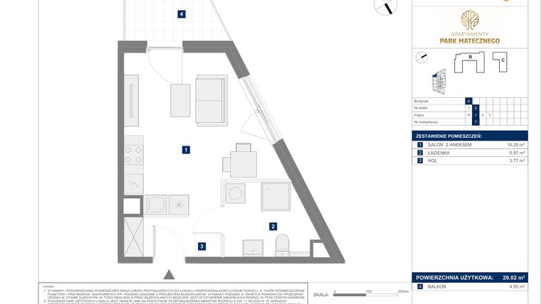 Rzut - Mieszkanie na sprzedaż 1 pokój o powierzchni 29,02 m² - numer A7 w Apartamenty Park Matecznego Etap 1