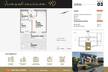 Rzut - Mieszkanie na sprzedaż 2 pokoje o powierzchni 43,26 m² - numer A-0-3 w Iwaszkiewicza 40
