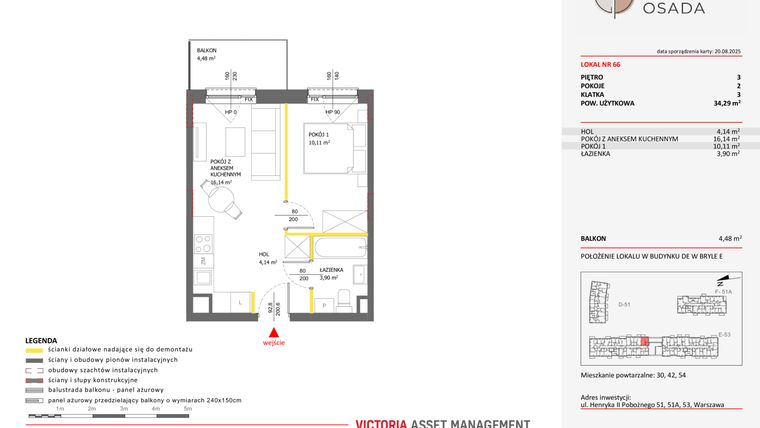 Rzut - Mieszkanie na sprzedaż 2 pokoje o powierzchni 34,29 m² - numer E.66 w Piastova Osada