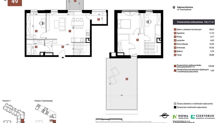 Rzut - Mieszkanie na sprzedaż 3 pokoje o powierzchni 102,17 m² - numer A49 w Nowy Reden