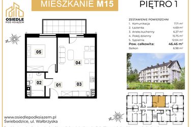 Rzut - Mieszkanie na sprzedaż 2 pokoje o powierzchni 46,46 m² - numer M15 w Osiedle Pod Książem
