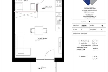 Rzut - Mieszkanie na sprzedaż 1 pokój o powierzchni 28,68 m² - numer 10D/32 w Jasielska 8C etap II