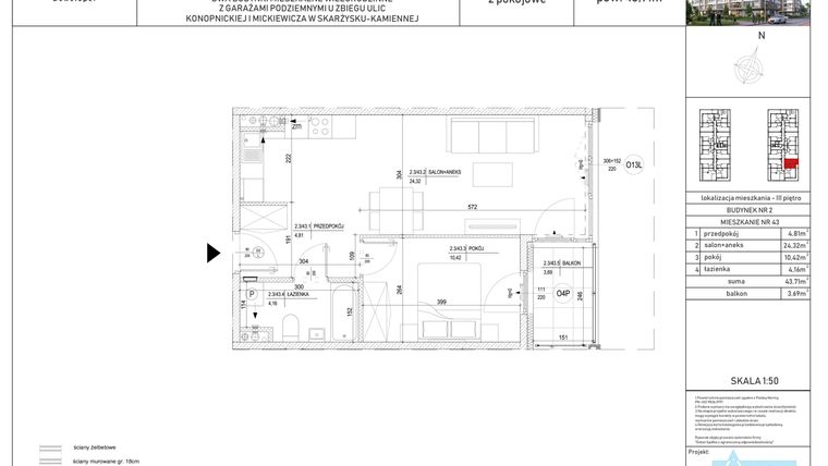 Rzut - Mieszkanie na sprzedaż 2 pokoje o powierzchni 43,71 m² - numer M-43 w Apartamenty Konopnickiej