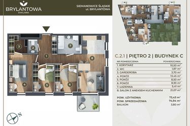 Rzut - Mieszkanie na sprzedaż 4 pokoje o powierzchni 73,43 m² - numer C.2.1 w Brylantowa Enklawa bud. C