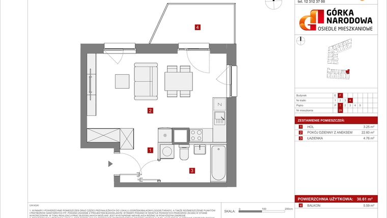 Rzut - Mieszkanie na sprzedaż 1 pokój o powierzchni 30,61 m² - numer 5.3.F.29 w Osiedle Górka Narodowa etap 5
