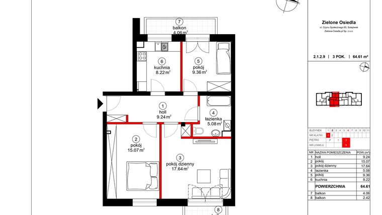 Rzut - Mieszkanie na sprzedaż 3 pokoje o powierzchni 63,54 m² - numer 9 w Czynu Społecznego 65E