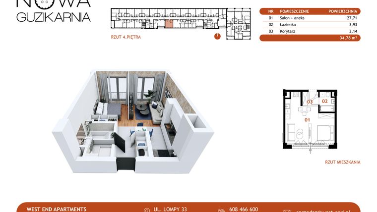 Rzut - Mieszkanie na sprzedaż 1 pokój o powierzchni 34,78 m² - numer B1.4.89 w Nowa Guzikarnia