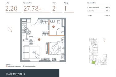 Rzut - Mieszkanie na sprzedaż 1 pokój o powierzchni 27,78 m² - numer 2.20 w Starowiejska 3
