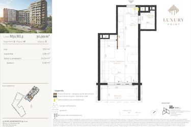 Rzut - Mieszkanie na sprzedaż 1 pokój o powierzchni 30,99 m² - numer M31/KL3 w LUXURY POINT