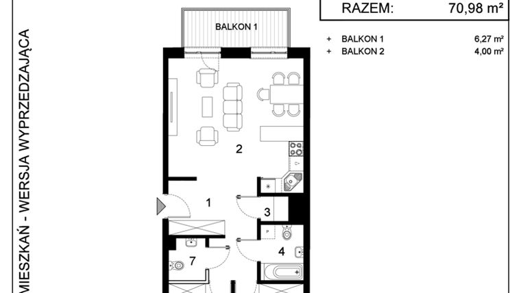 Rzut - Mieszkanie na sprzedaż 3 pokoje o powierzchni 70,98 m² - numer 85 w Herberta Etap 3