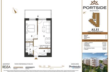 Rzut - Mieszkanie na sprzedaż 2 pokoje o powierzchni 39,48 m² - numer A1.11 w Portside Bałtycka