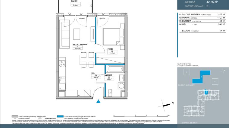 Rzut - Mieszkanie na sprzedaż 2 pokoje o powierzchni 42,85 m² - numer D2.2.05 w Nordic Bemowo - etap IV