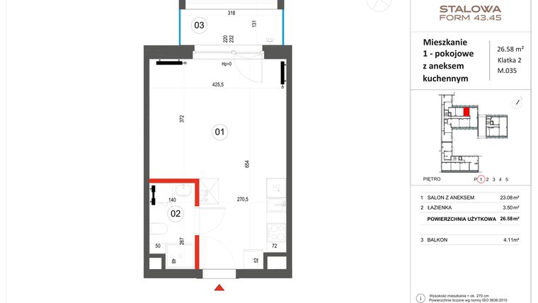 Rzut - Mieszkanie na sprzedaż 1 pokój o powierzchni 26,58 m² - numer 35 w Stalowa Form 43.45