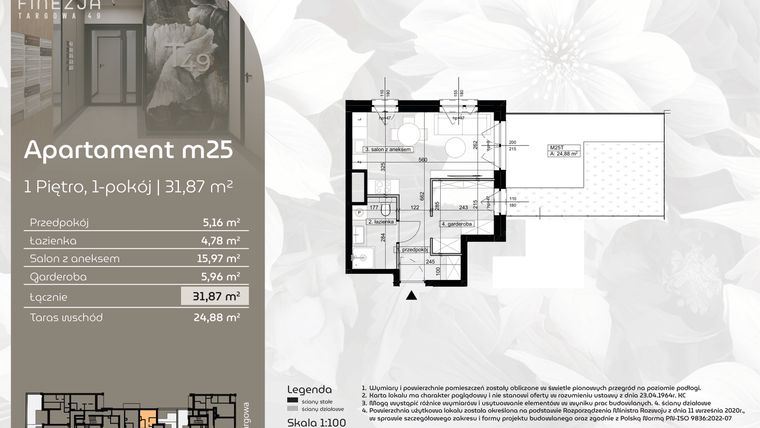 Rzut - Mieszkanie na sprzedaż 1 pokój o powierzchni 31,87 m² - numer M25 w Finezja Targowa 49