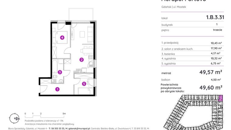 Rzut - Mieszkanie na sprzedaż 3 pokoje o powierzchni 49,6 m² - numer 1.B.3.31 w Murapol Portovo etap II