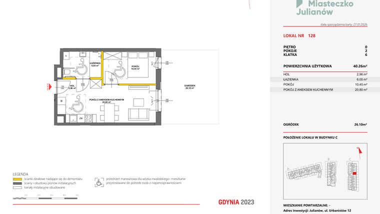 Rzut - Mieszkanie na sprzedaż 2 pokoje o powierzchni 40,13 m² - numer 128 w Miasteczko Julianów