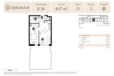 Rzut - Mieszkanie na sprzedaż 2 pokoje o powierzchni 41,17 m² - numer B.26 w Dębowa 45
