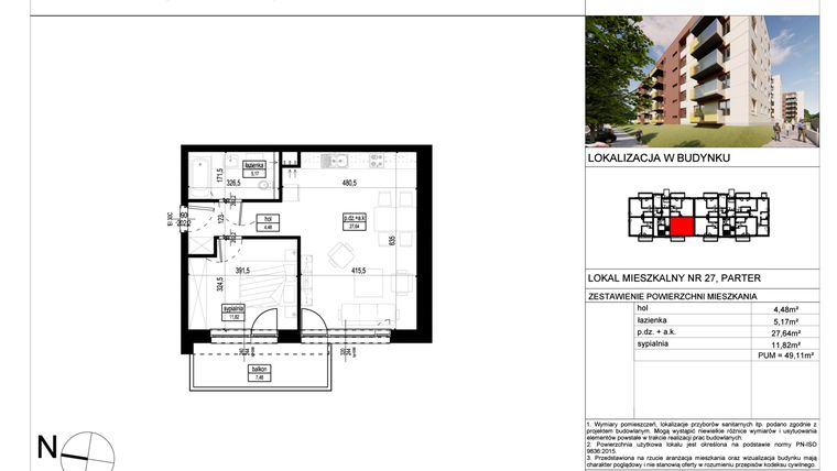 Rzut - Mieszkanie na sprzedaż 2 pokoje o powierzchni 49,11 m² - numer A.27 w Wólczańska 248 - etap II