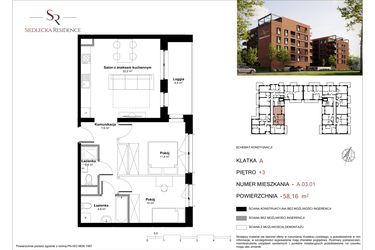 Rzut - Mieszkanie na sprzedaż 3 pokoje o powierzchni 57,76 m² - numer A-03-01 w Siedlecka Residence