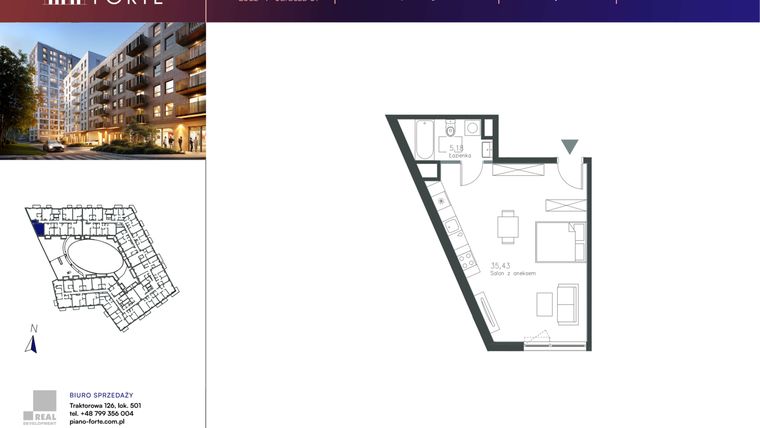 Rzut - Mieszkanie na sprzedaż 1 pokój o powierzchni 40,61 m² - numer A.1.06 w Piano