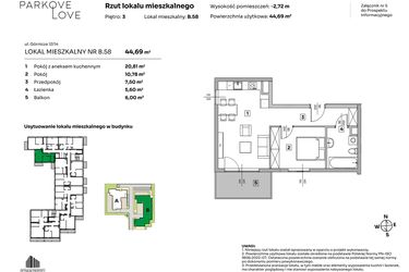 Rzut - Mieszkanie na sprzedaż 2 pokoje o powierzchni 44,69 m² - numer B.58 w Parkove Love