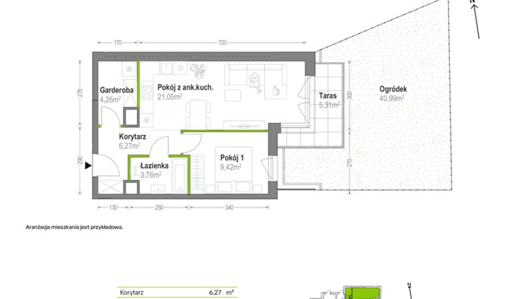 Rzut - Mieszkanie na sprzedaż 2 pokoje o powierzchni 44,76 m² - numer A.A.0.02 w Głębocka Vita