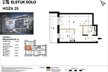 Rzut - Mieszkanie na sprzedaż 2 pokoje o powierzchni 33,82 m² - numer 16 w Hoża 25