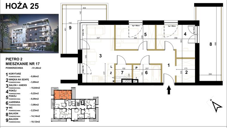 Rzut - Mieszkanie na sprzedaż 3 pokoje o powierzchni 51,49 m² - numer 17 w Hoża 25