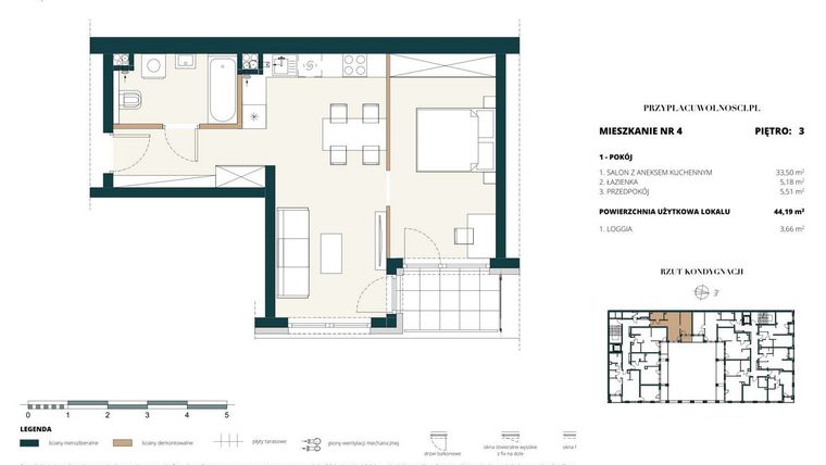 Rzut - Mieszkanie na sprzedaż 1 pokój o powierzchni 44,14 m² - numer 3. M4. w Przy Placu Wolności