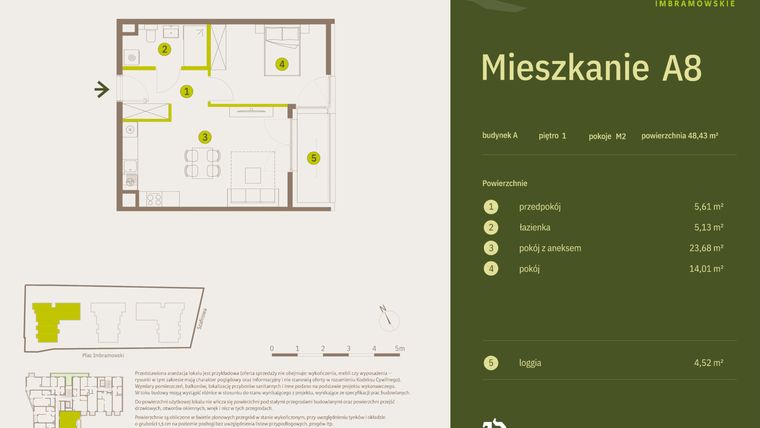 Rzut - Mieszkanie na sprzedaż 2 pokoje o powierzchni 48,43 m² - numer A8 w Osiedle Imbramowskie
