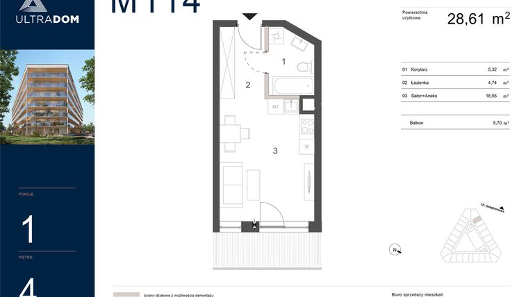 Rzut - Mieszkanie na sprzedaż 1 pokój o powierzchni 28,61 m² - numer M114 w Ultradom