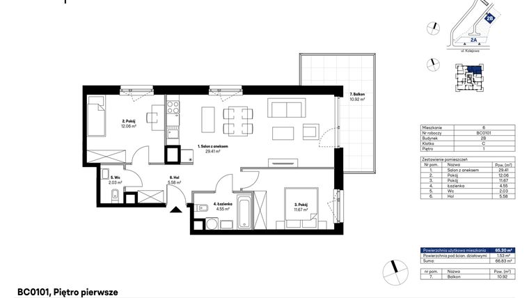 Rzut - Mieszkanie na sprzedaż 3 pokoje o powierzchni 65,3 m² - numer BC0101 w NU2 Warszawa Wola