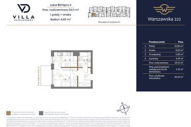 Rzut - Mieszkanie na sprzedaż 1 pokój o powierzchni 29,11 m² - numer 51 w Warszawska 222 bud. D