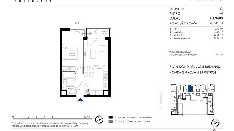Rzut - Mieszkanie na sprzedaż 2 pokoje o powierzchni 43,2 m² - numer C1/4/08 w Chylońska STO10 etap III