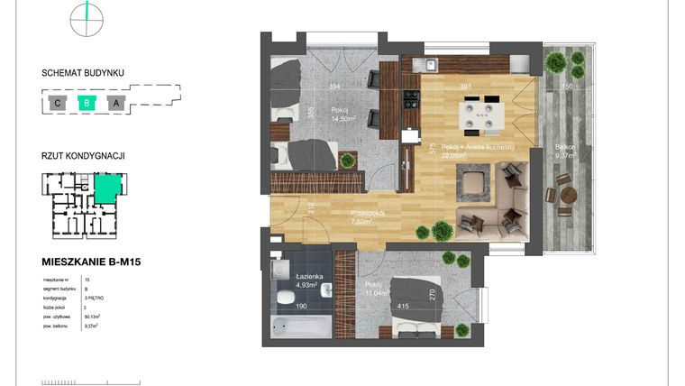 Rzut - Mieszkanie na sprzedaż 3 pokoje o powierzchni 60,13 m² - numer B-M15 w Bunscha Park 4.0