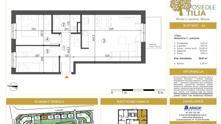 Rzut - Mieszkanie na sprzedaż 3 pokoje o powierzchni 55,01 m² - numer A2/1/4 w Osiedle Tilia