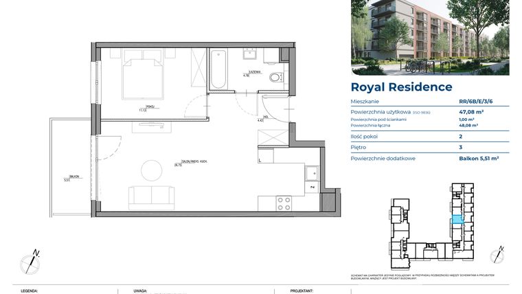 Rzut - Mieszkanie na sprzedaż 2 pokoje o powierzchni 47,15 m² - numer RR/6B/E/3/6 w Royal Residence 6B