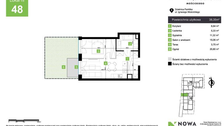 Rzut - Mieszkanie na sprzedaż 2 pokoje o powierzchni 38,35 m² - numer M48 w Nowa Częstochowa Mościckiego