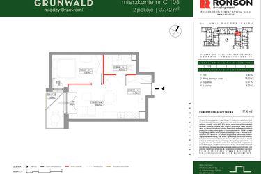 Rzut - Mieszkanie na sprzedaż 2 pokoje o powierzchni 37,42 m² - numer C106 w Grunwald Między Drzewami etap III