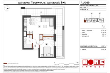 Rzut - Mieszkanie na sprzedaż 2 pokoje o powierzchni 41,07 m² - numer A-A099 w Warszawski Świt etap VII