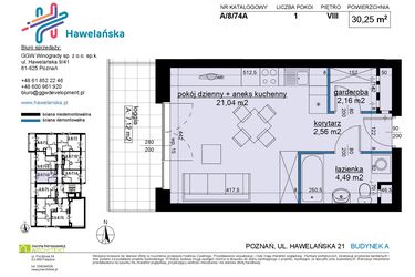 Rzut - Mieszkanie na sprzedaż 1 pokój o powierzchni 30,25 m² - numer A/8/74A w Osiedle Hawelańska etap III - bud. A