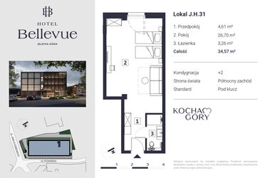 Rzut - Mieszkanie na sprzedaż 1 pokój o powierzchni 34,57 m² - numer 31 w Hotel Bellevue