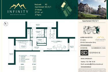 Rzut - Mieszkanie na sprzedaż 3 pokoje o powierzchni 57,34 m² - numer B3.3.1 w Infinity Mountain Resort