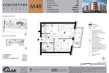 Rzut - Mieszkanie na sprzedaż 2 pokoje o powierzchni 34,46 m² - numer C1_M48 w Koncertowe Wzgórze etap II