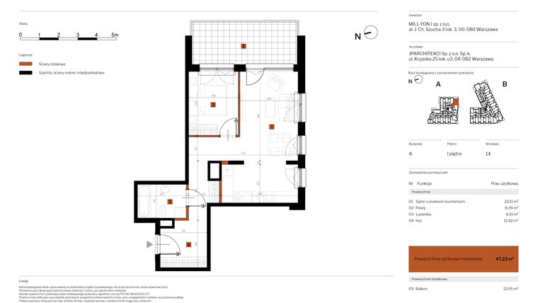 Rzut - Mieszkanie na sprzedaż 2 pokoje o powierzchni 47,23 m² - numer 14 w MY Głębocka