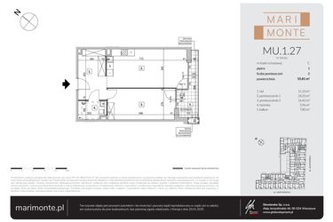 Rzut - Mieszkanie na sprzedaż 2 pokoje o powierzchni 55,81 m² - numer MU.1.27 w Marimonte - apartamenty inwestycyjne