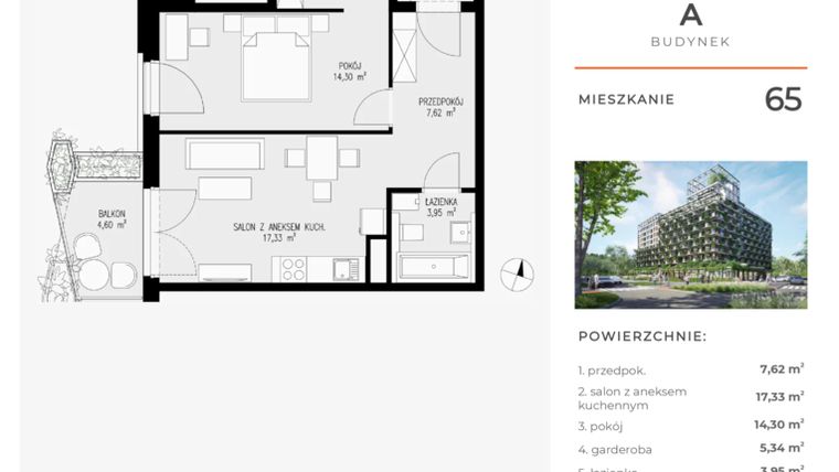 Rzut - Mieszkanie na sprzedaż 2 pokoje o powierzchni 48,54 m² - numer 65 w Semiramis