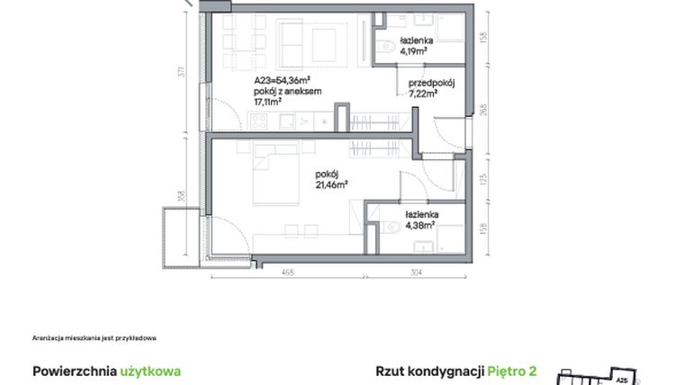 Rzut - Mieszkanie na sprzedaż 2 pokoje o powierzchni 54,36 m² - numer A23 w Traugutta Vita