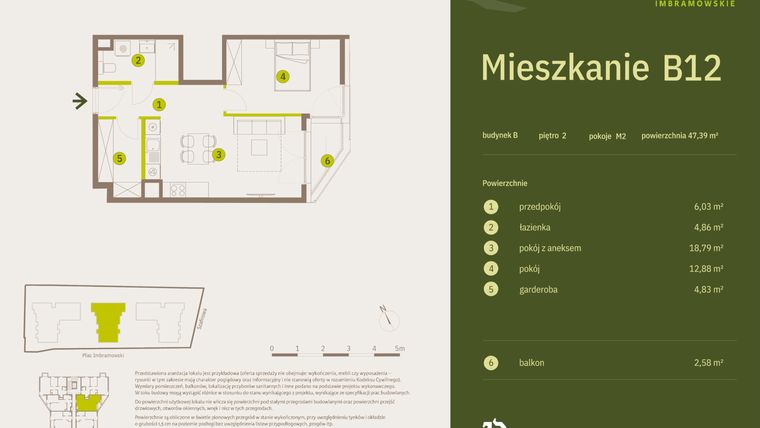 Rzut - Mieszkanie na sprzedaż 2 pokoje o powierzchni 47,39 m² - numer B12 w Osiedle Imbramowskie